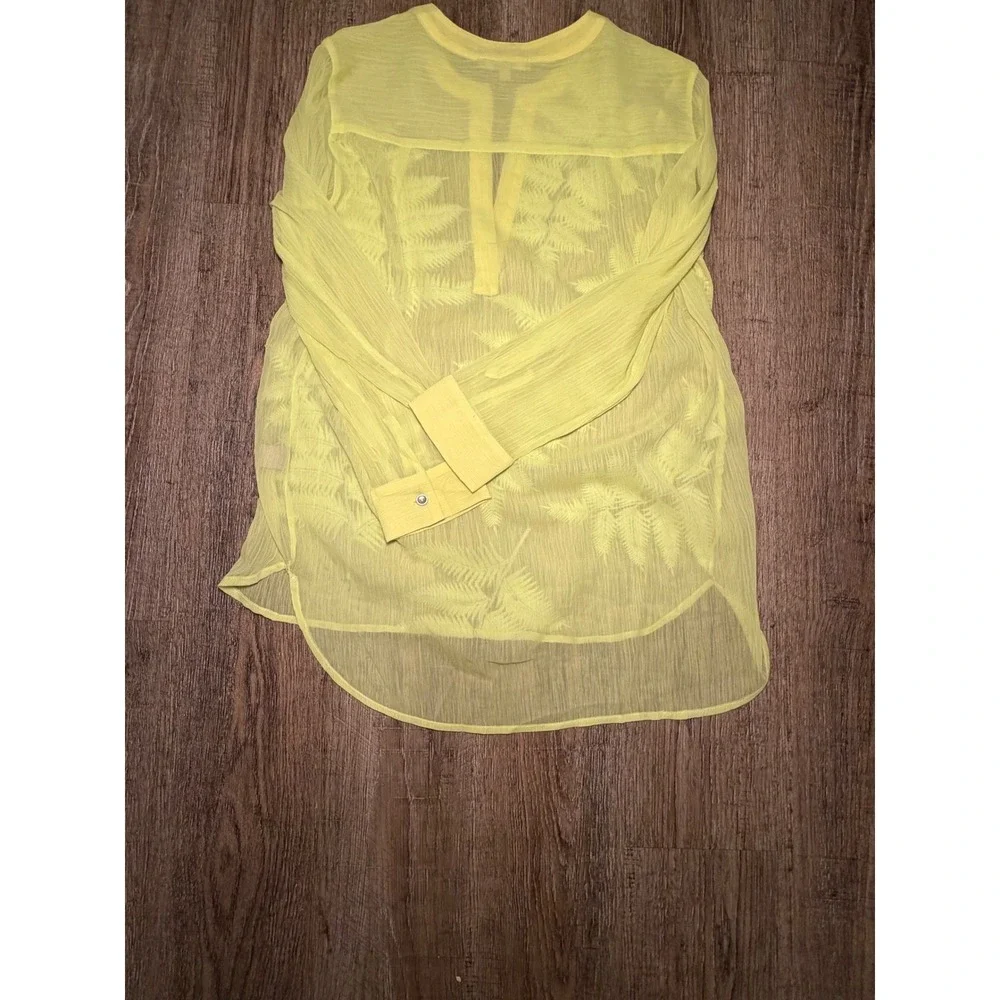 Joan Vass Yellow Fern Embroidered Sheer Tunic Blouse Size M‎ Long Sleeve Tab Top - Picture 9 of 9
